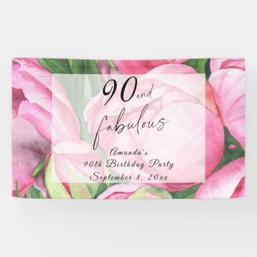 Banderoles Fleurs de pivoines 90e fête d'anniversaire (Horizontal)