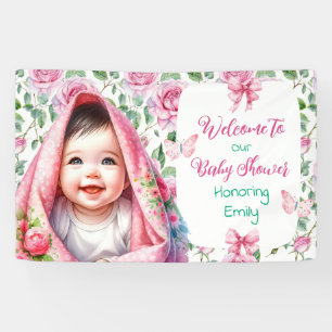 Banderoles Fleurs et papillons Baby shower rose Bienvenue