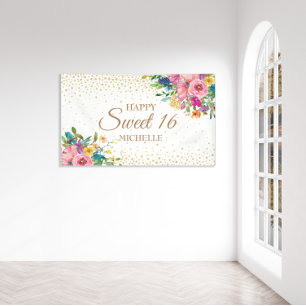 Banderoles Fleurs Jaunes Roses Paillettes Dorées Sweet 16