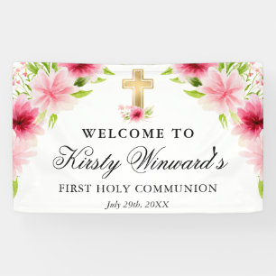 Banderoles Fleurs roses à l'aquarelle Première Sainte Communi