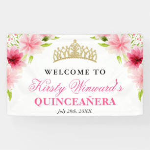 Banderoles Fleurs roses aquarelle Bienvenue Quinceanera