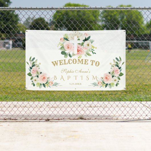 Banderoles Fleurs roses blanches Fille Baptême Affiche de bie (En situation)