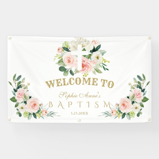Banderoles Fleurs roses blanches Fille Baptême Affiche de bie (Horizontal)