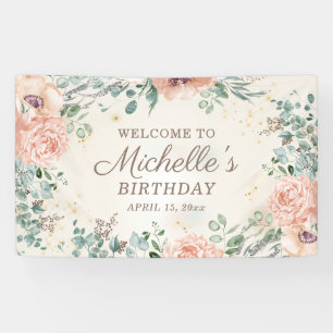 Banderoles Fleurs roses Feuillage vert Paillettes dorées Anni