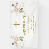 Banderoles Fleurs roses Filles Jumeaux 1er anniversaire Affic (Vertical)