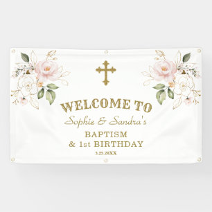Banderoles Fleurs roses Filles Jumeaux 1er anniversaire Affic