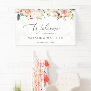 Banderoles Fleurs roses, Fleurs blanches, Bohème, Bienvenue a