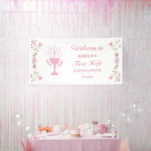 Banderoles Fleurs roses Première communion Accueil