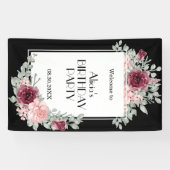 Banderoles Flora rose Bourgogne Noir Joyeux anniversaire (Horizontal)