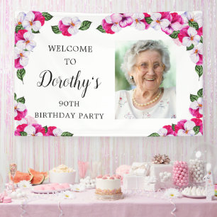 Banderoles Floral blanc rose 90e anniversaire Bienvenue