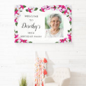 Banderoles Floral blanc rose 90e anniversaire Bienvenue (Insitu)