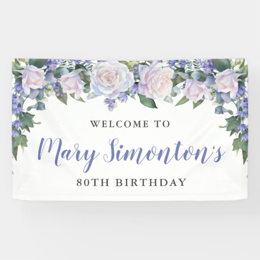 Banderoles Floral bleu rustique et blanc 80e anniversaire (Horizontal)