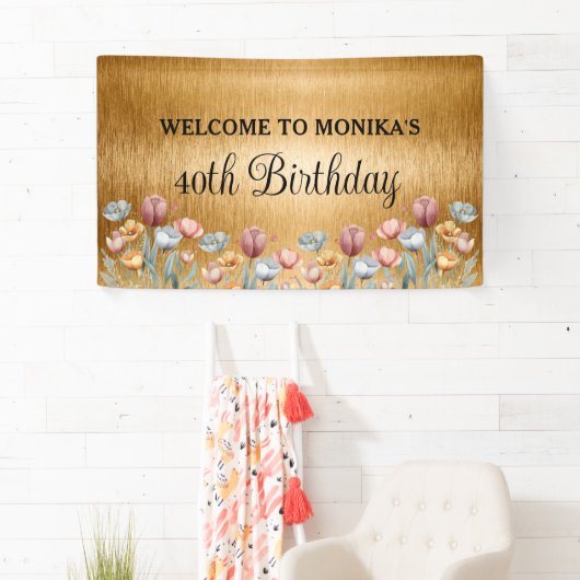 Banderoles Floral Gold Foil Joyeux anniversaire (En situation)