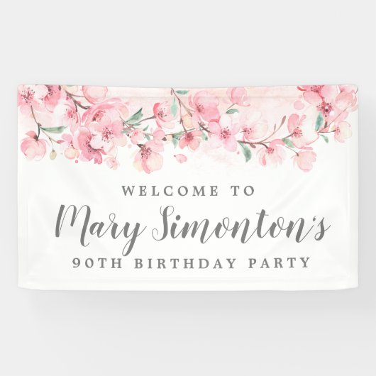 Banderoles Floral rose 90e anniversaire Bienvenue (Horizontal)