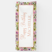 Banderoles Floral rose pourpre Joyeux anniversaire (Vertical)