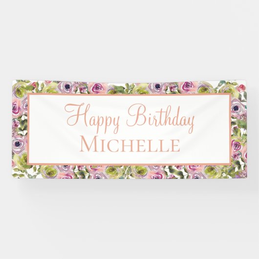 Banderoles Floral rose pourpre Joyeux anniversaire (Horizontal)