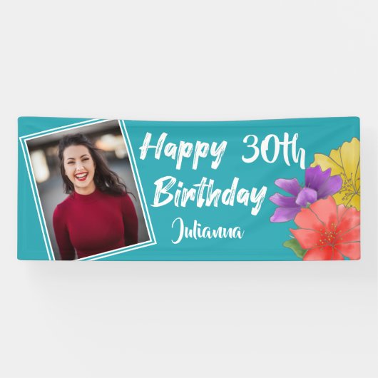 Banderoles Floral Turquoise moderne Joyeux 30e anniversaire P (Horizontal)