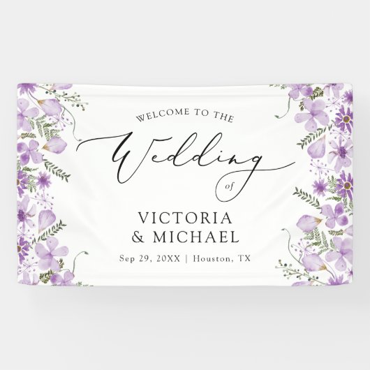 Banderoles Floral violet moderne Bienvenue au Mariage (Horizontal)