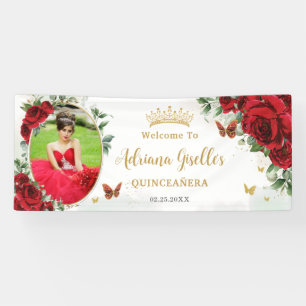 Banderoles Fond de photo Red Roses Floral Gold pour Quinceañe