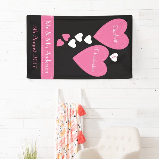 Banderoles Fond mariage / Photo Booth Coeurs noir et rose (En situation)