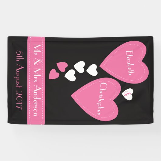 Banderoles Fond mariage / Photo Booth Coeurs noir et rose (Horizontal)