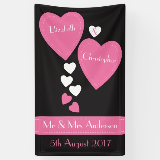 Banderoles Fond mariage / Photo Booth Coeurs noir et rose (Vertical)