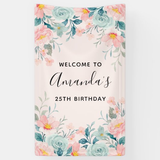 Banderoles Frontière rose et verte Florale Anniversaire (Vertical)