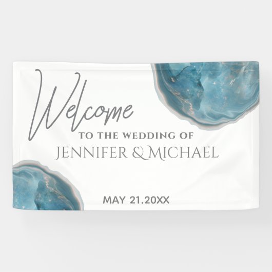 Banderoles Géode Agate bleu rose or calligraphie mariage (Horizontal)