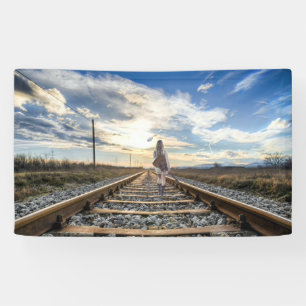Banderoles Girl With Guitar on Railroad Tracks