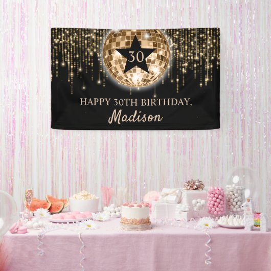 Banderoles Glam Black Gold Disco Ball Joyeux 30e anniversaire (Fête)