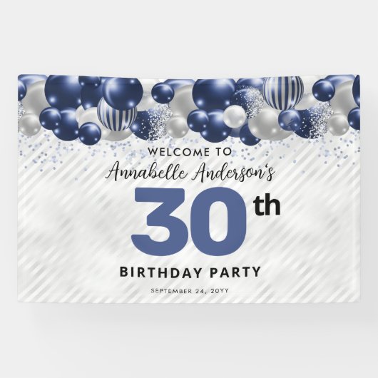 Banderoles Glam Navy Blue Silver Balloon Parties scintillant  (Horizontal)