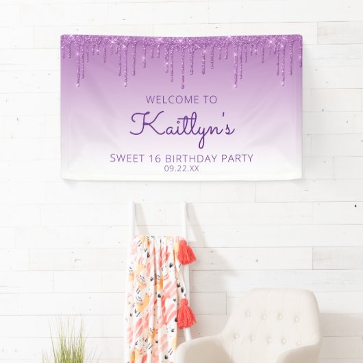 Banderoles Glam Purple Parties scintillant Drip Sweet 16 Part (En situation)