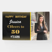 Banderoles Gold Black Custom Joyeux Anniversaire Photo Party (Horizontal)