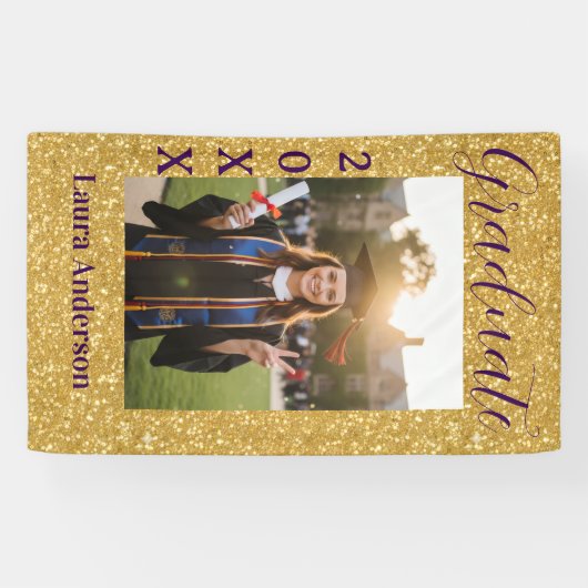 Banderoles Gold glitter photo graduation add name class text (Horizontal)