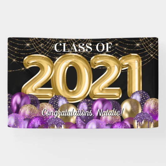 Banderoles Gold Purple Ballons Classe de graduation de 2021 (Horizontal)