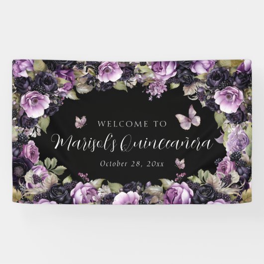 Banderoles Gothique violet et noir Moody Florals Quinceañera (Horizontal)