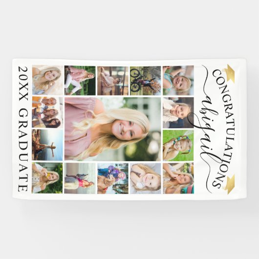 Banderoles Graduation 15 Photo Collage Script Casquette d'or (Horizontal)
