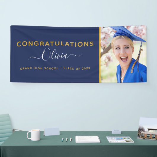 Banderoles Graduation 2022 Marine Blue Gold High School Colle (Salon professionnel)