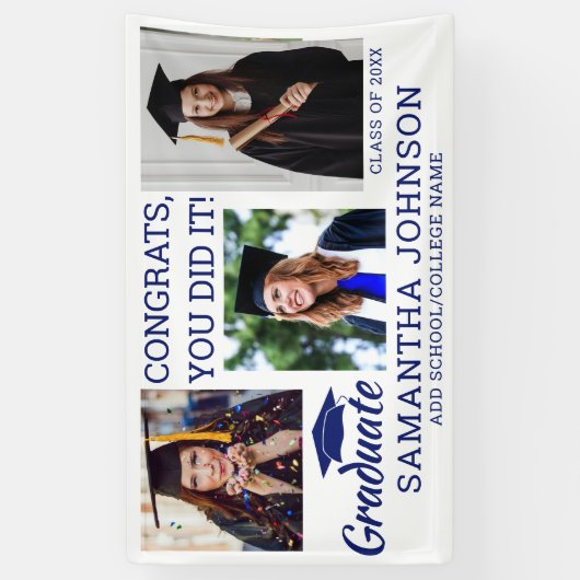 Banderoles Graduation 3 Photo Félicats Grad 2025 Bleu Blanc (Vertical)
