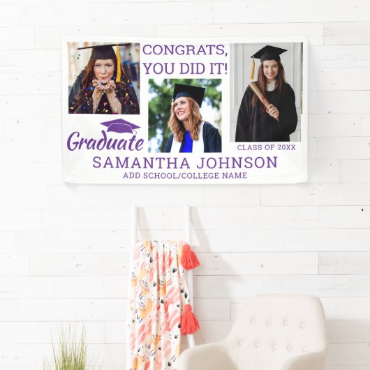 Banderoles Graduation 3 Photo Félicats Grad 2025 Violet Blanc (En situation)