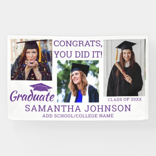 Banderoles Graduation 3 Photo Félicats Grad 2025 Violet Blanc (Horizontal)
