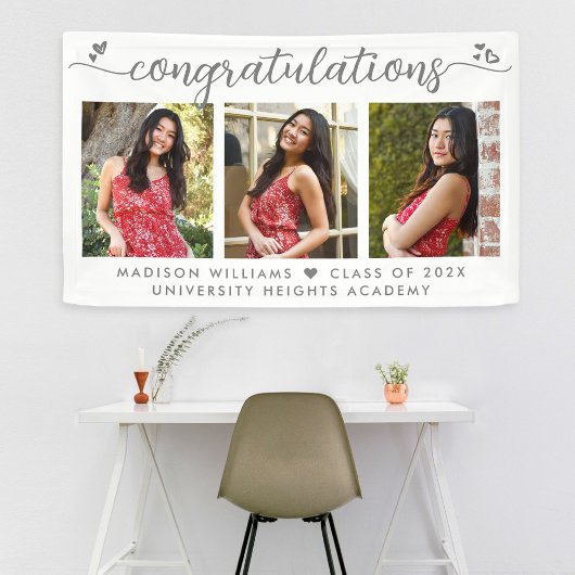 Banderoles Graduation 3 Photo Moderne Gris Calligraphie Coeur