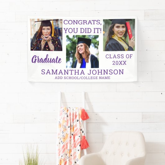 Banderoles Graduation 3 Photo Purple Congrats Graduate 2025 (En situation)