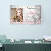 Banderoles Graduation Argent Bokeh, Fleurs Roses, Personnalis (Salon professionnel)