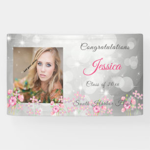 Banderoles Graduation Argent Bokeh, Fleurs Roses, Personnalis