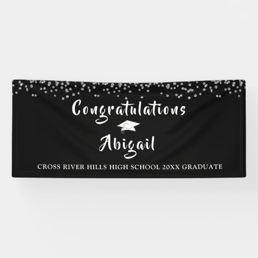 Banderoles Graduation Argent Confetti Brush Script Noir (Horizontal)