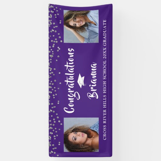 Banderoles Graduation Argent Confetti Script Photo violet (Vertical)