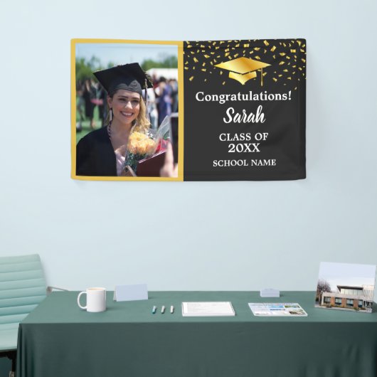 Banderoles Graduation Black & Gold Custom Photo Class Of 2025 (Salon professionnel)