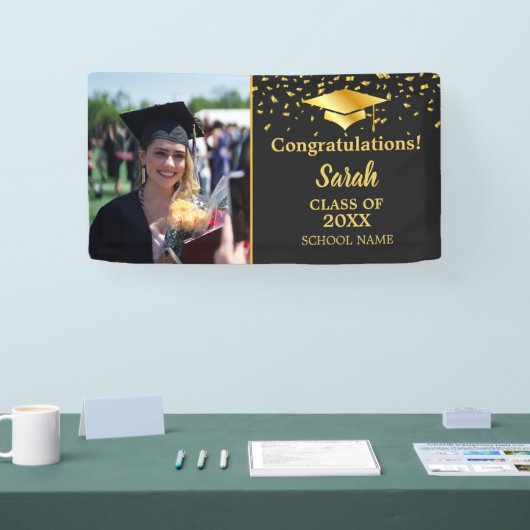 Banderoles Graduation Black & Gold Custom Photo Class Of 2025 (Salon professionnel)