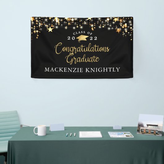 Banderoles Graduation Black Gold Stars Lights Confetti Script (Salon professionnel)